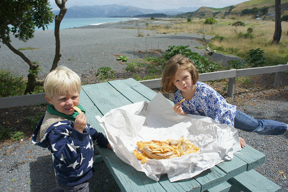 Sausages and chips with a view