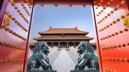 Chinese doors opening with dragons