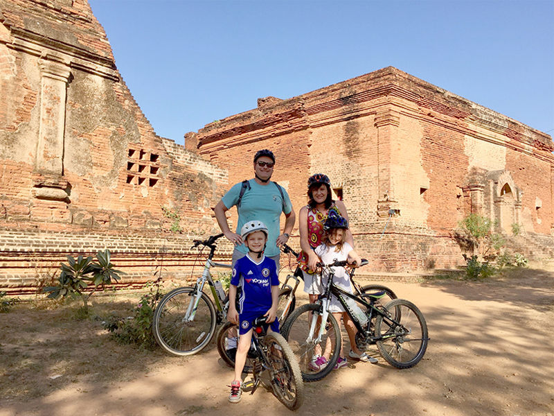 Myanmar with kids, Melinda and family cycling
