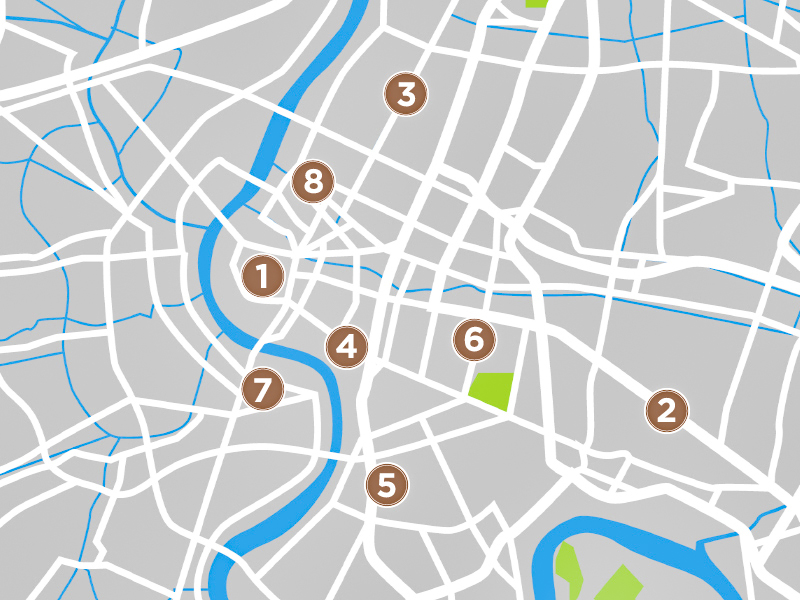 Bangkok map with eight popular neighbourhoods