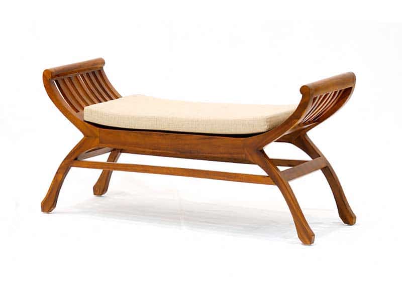 Crab bench in teak with cushion, $360, The Furniture Makers
