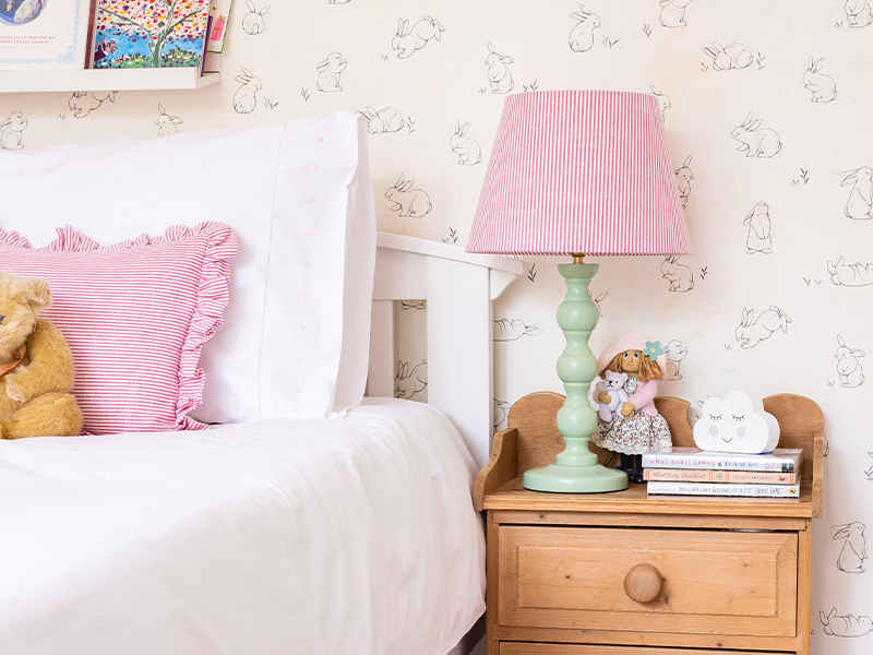 Bobbin table lamp in Spillyweake Green, paired with a Bempton Red striped shade, dimmable, made from wood and painted in a high satin finish, Mrs Bennet