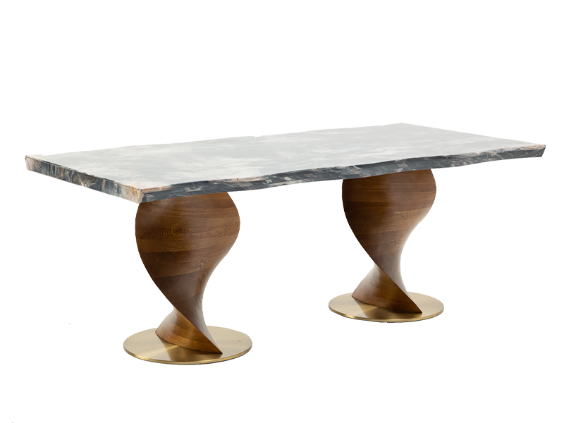 Chancery dining table, in solid American ash wood, with Black Rose marble top, Black & Walnut