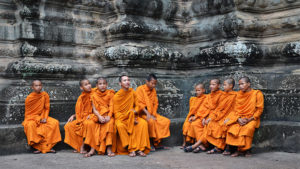 image of monks in Cambodia for story on where to stay in Cambodia