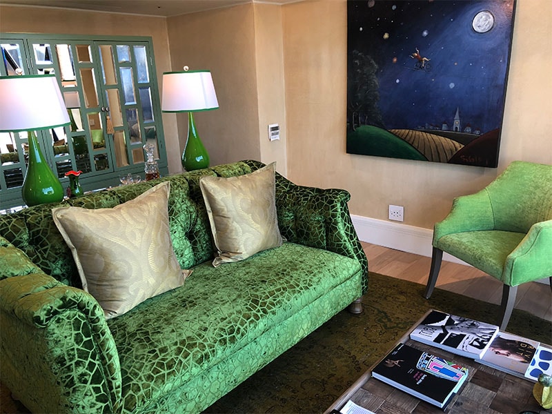 Silo Hotel living room with green sofa