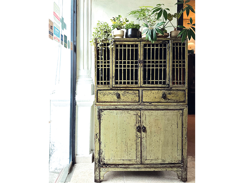 Kitchen cabinet from Shandong province, refinished in a light grey-green colour for use as a pantry cabinet or a bar, Just Anthony