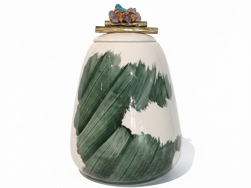 Syan jar in crisp white finish with hand-painted teal brushstrokes and decorative turquoise-topped gold lid, WTP Furniture