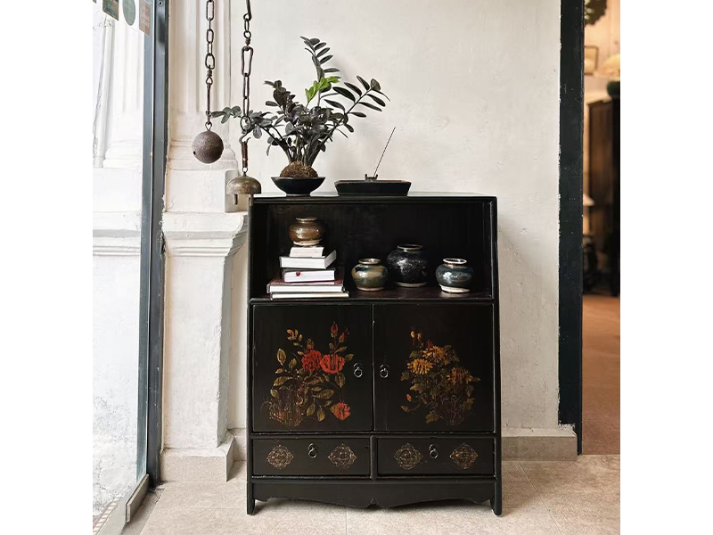 Vintage small black cabinet with floral paintings, compact and slim, ideal for your favourite sauces or glasses, Just Anthony