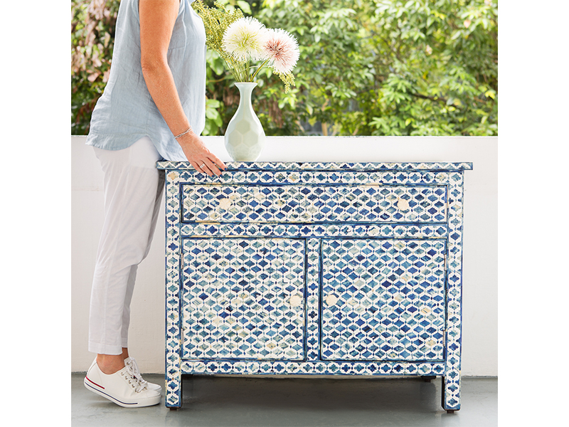 Cabinet with blue Moroccan inlay pattern, Hacienda Blue