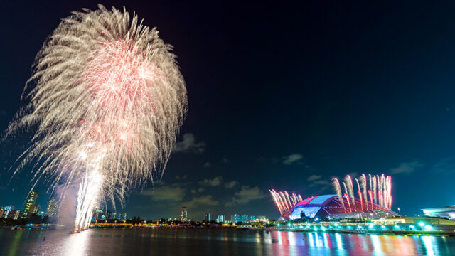 NDP 2026 fireworks in Singapore over Kallang Basin