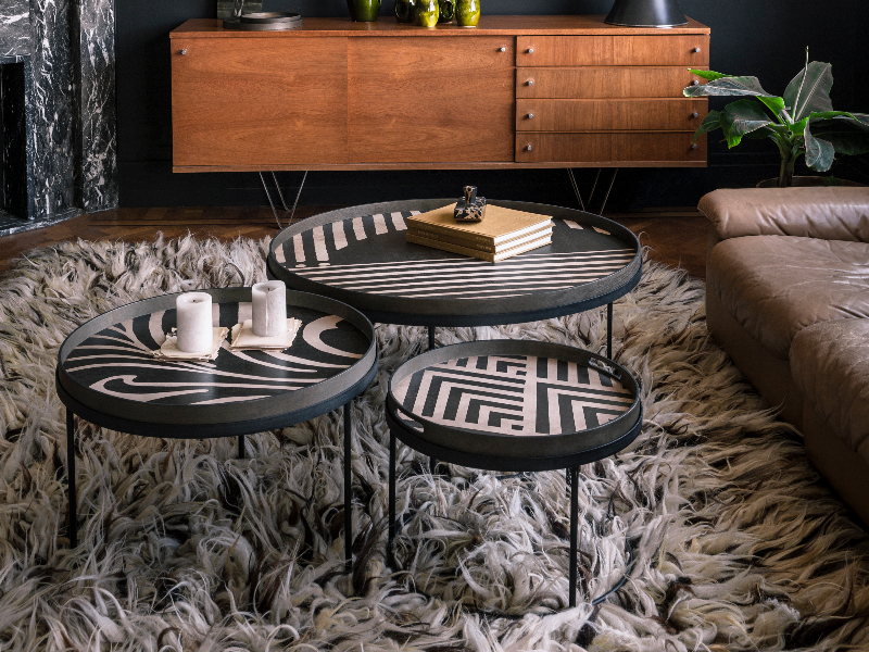 affordable furniture Graphite Chevron Tray & Folk tray & Asymmetric dot tray on round tray table sets
