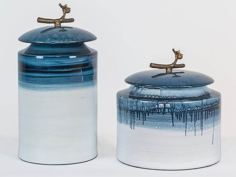 bathrooms Blue-and-white ceramic jars with metal handles, $605, WTP