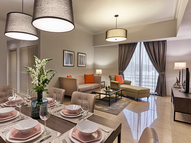 Regency House three-bedroom living and dining room serviced apartments in Singapore