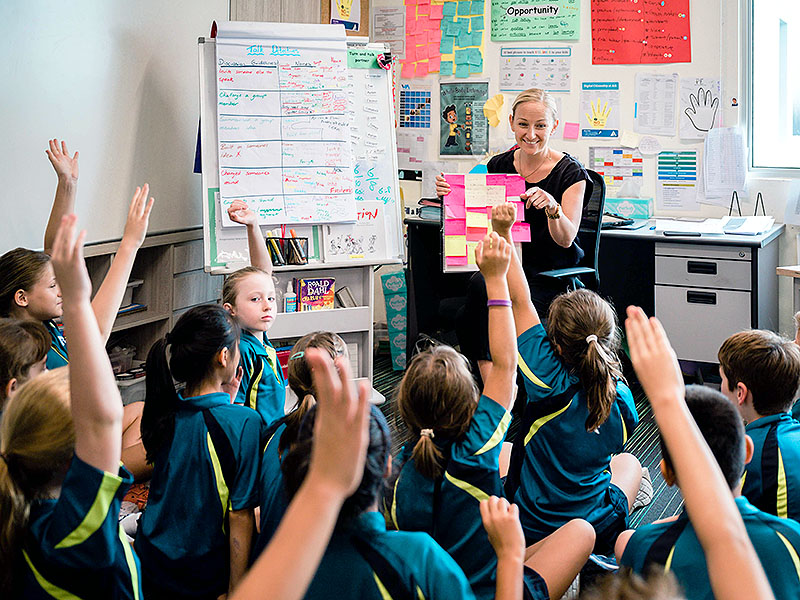 Australian international school elementary class room hands up