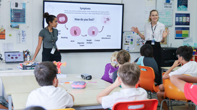 Dover Court students learning about menstrual products